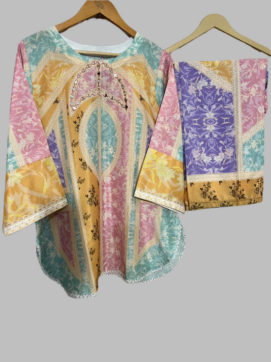 A0017 | Raw silk | Digital Print | Patchwork-Style | 2 Piece Suit