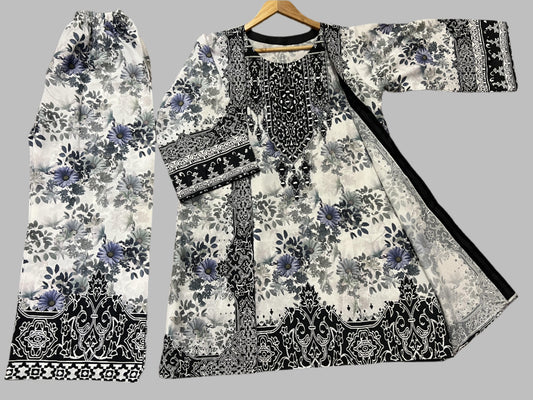 A0016 | Geometric  Print | Black, white, and Shade of Blue | Raw silk | 2 Piece Suit